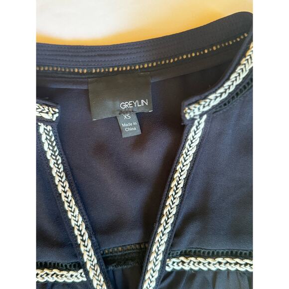 Greylin Split Neck Long Sleeve Crochet Trim Hook & Eye Chiffon Blouse Navy - Picture 7 of 7